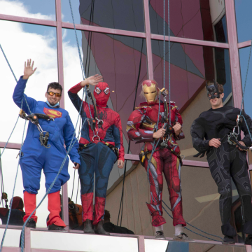 Superhero window cleaners surprise patients at the Women's and Children's Hospital (WCH)
